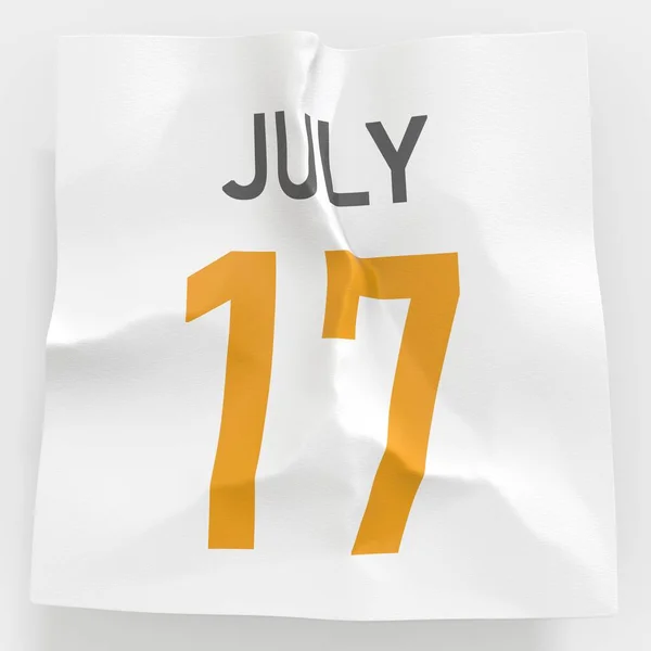 17. července datum na roztržené stránce kalendáře, 3d vykreslování — Stock fotografie