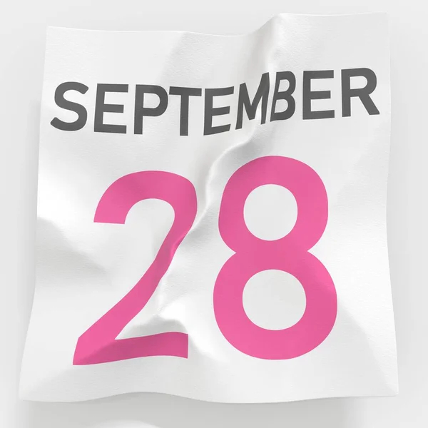 28 september datum op verkreukelde papieren pagina van een kalender, 3d rendering — Stockfoto