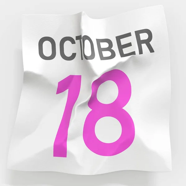 18 octobre date sur papier froissé d'un calendrier, rendu 3d — Photo