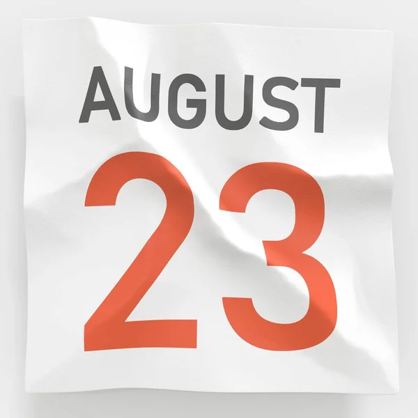 23 augustus datum op verkreukelde papieren pagina van een kalender, 3d rendering — Stockfoto