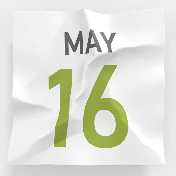 16 maj datum på skrynkligt papper sida i en kalender, 3D-rendering — Stockfoto