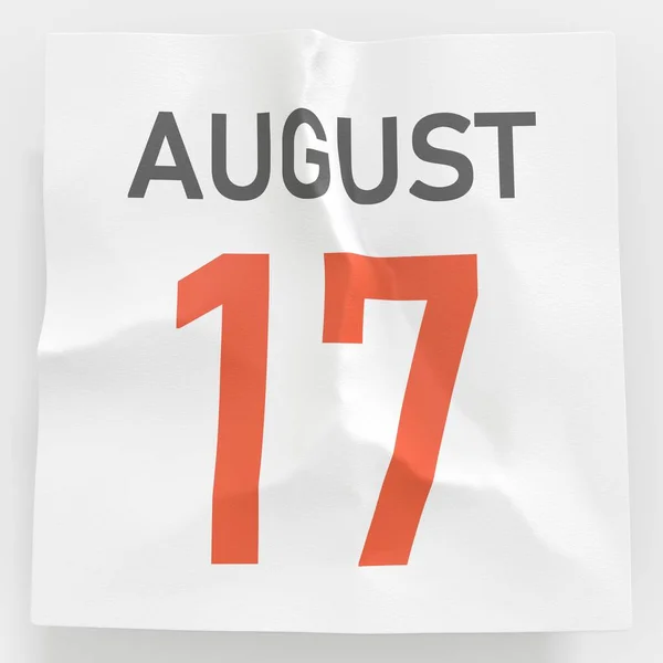 17 augusti datum på skrynkligt papper sida i en kalender, 3D-rendering — Stockfoto