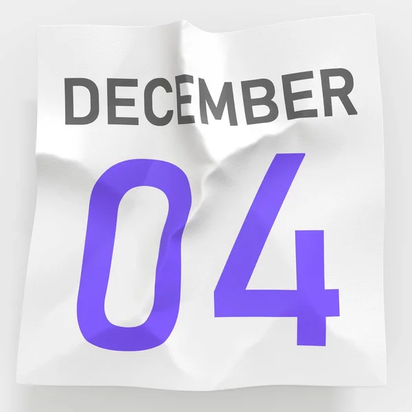 4. prosince datum na roztržené stránce papírového kalendáře, 3D vykreslování — Stock fotografie