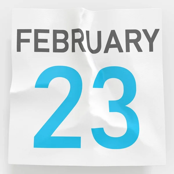 23. Februar Datum auf zerknittertem Papier eines Kalenders, 3D-Darstellung — Stockfoto