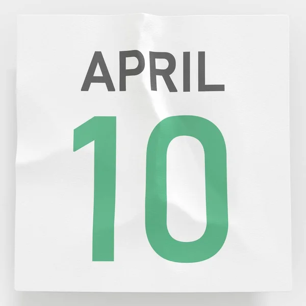 10 april datum på skrynkligt papper sida i en kalender, 3D-rendering — Stockfoto