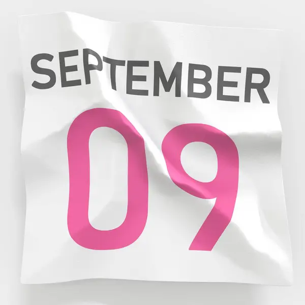 9 de setembro data em página de papel amassada de um calendário, prestação 3d — Fotografia de Stock