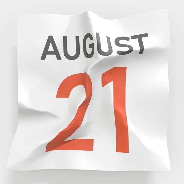 21 augustus datum op verkreukelde papieren pagina van een kalender, 3d rendering — Stockfoto