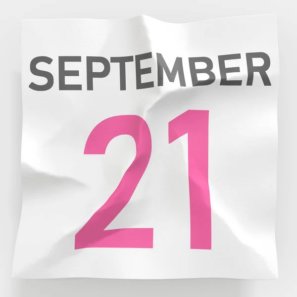 21 września data na pogniecionej papierowej stronie kalendarza, renderowanie 3d — Zdjęcie stockowe