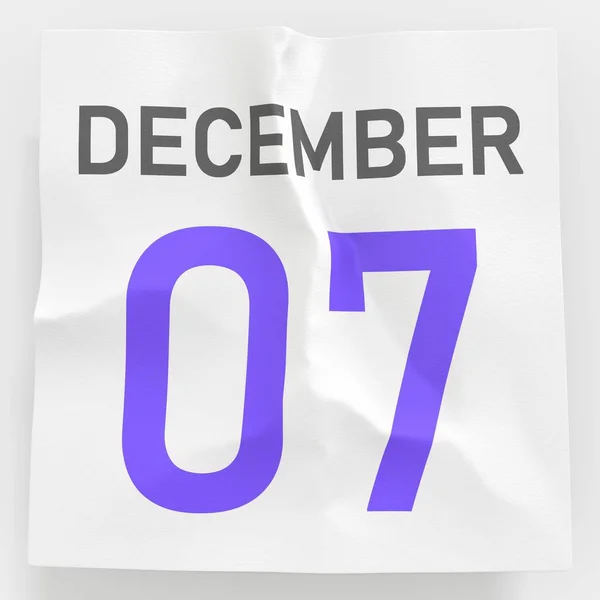 December 7 date on torn page of a calendar, 3d rendering — Stock Photo, Image