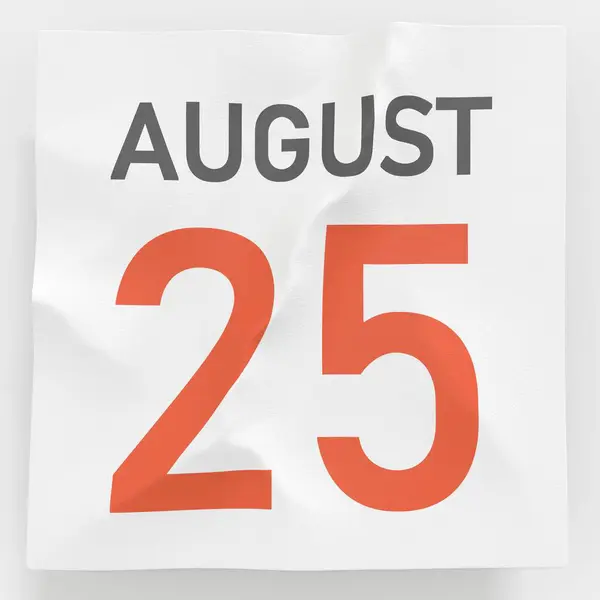 Datum 25. srpna na zmačkané papírové stránce kalendáře, 3D vykreslování — Stock fotografie