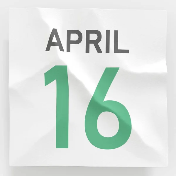 16 de abril data em página de papel amassada de um calendário, prestação 3d — Fotografia de Stock