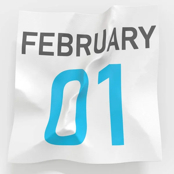 1 de febrero la fecha en la página arrugada de papel del calendario, la representación 3d — Foto de Stock