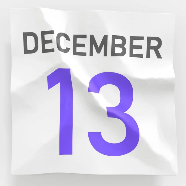 13 dicembre data su pagina di carta spiegazzata di un calendario, 3d rendering — Foto Stock