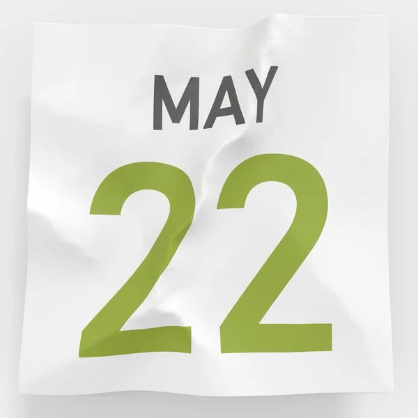Május 22 dátum gyűrött papír oldalon a naptár, 3D-s renderelés — Stock Fotó