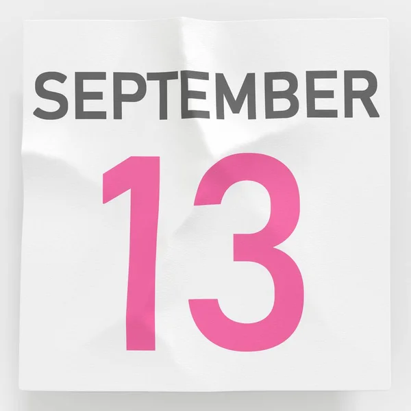 13 september datum op verkreukelde papieren pagina van een kalender, 3d rendering — Stockfoto