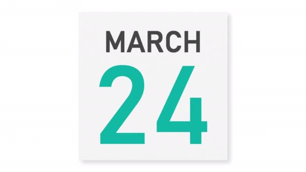 25 марта дата за порванной страницей календаря, 3D анимация — стоковое видео