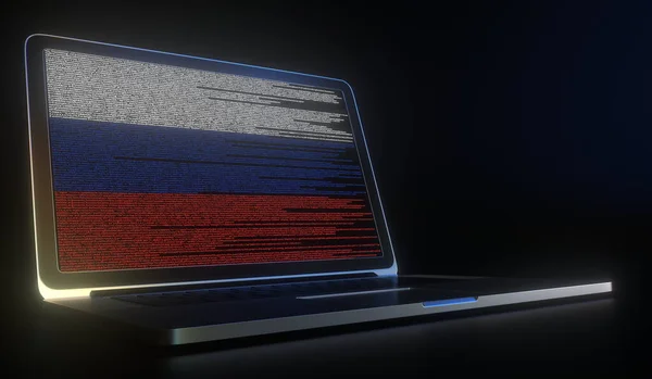 Σημαία της Ρωσίας με κωδικό υπολογιστή στην οθόνη του φορητού υπολογιστή. Hacking ή κυβερνοασφάλεια που σχετίζονται 3d απόδοση — Φωτογραφία Αρχείου