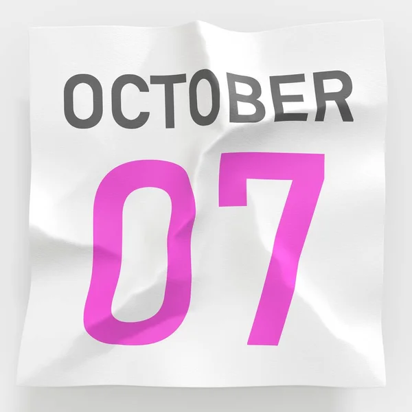 7 октября дата на скомканной бумажной странице календаря, 3d рендеринг — стоковое фото