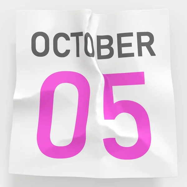 5 octobre date sur papier froissé d'un calendrier, rendu 3d — Photo