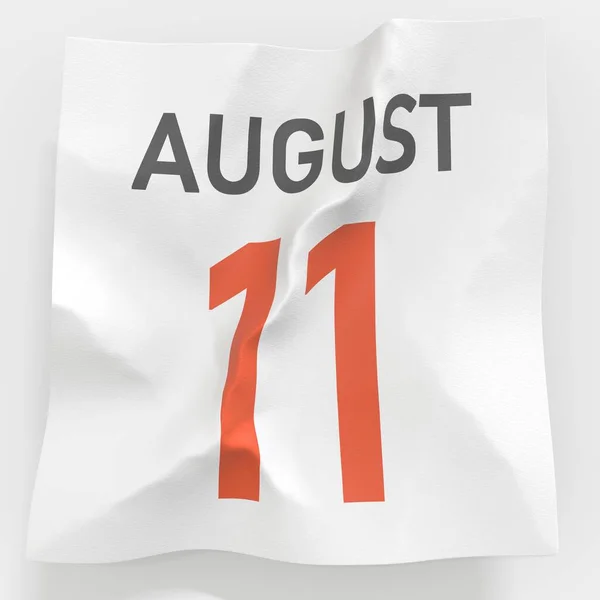 11 augusti datum på skrynkligt papper sida i en kalender, 3D-rendering — Stockfoto