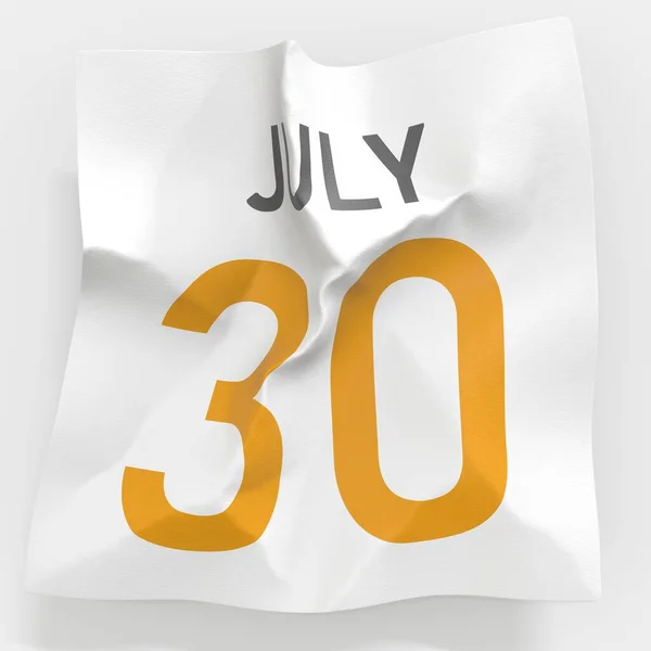 30. července datum na zmačkané papírové stránce kalendáře, 3d vykreslování — Stock fotografie