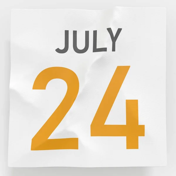 24 luglio data su pagina di carta spiegazzata di un calendario, 3d rendering — Foto Stock