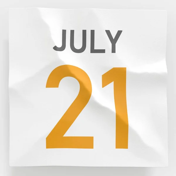 Datum 21. července na roztržené stránce kalendáře, 3D vykreslování — Stock fotografie