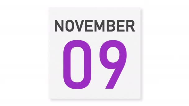 10 november datum achter verkreukeld papier pagina van een kalender, 3d animatie — Stockvideo