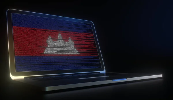 Abra o laptop e o código do computador na tela que compõe a bandeira do Camboja. Moderna tecnologia da informação relacionada com a renderização 3d — Fotografia de Stock