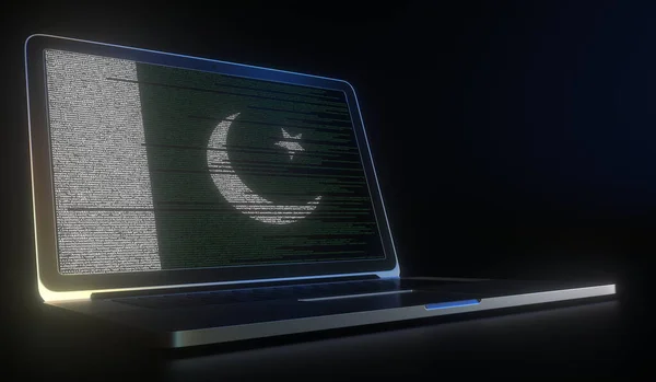 Open laptop and computer code on the screen composing flag of Pakistan. Modern information technology related 3d rendering — Stock Photo, Image