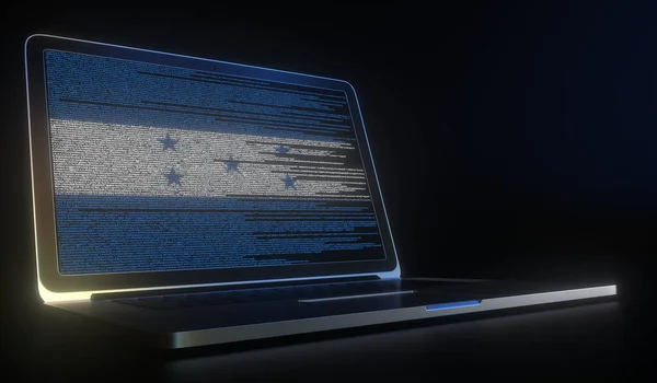 Ανοίξτε το laptop και τον κώδικα υπολογιστών στην οθόνη που συνθέτουν τη σημαία της Ονδούρας. Σύγχρονη τεχνολογία των πληροφοριών 3d απόδοση — Φωτογραφία Αρχείου