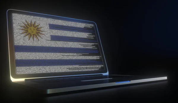 Open laptop en computercode op het scherm waaruit de vlag van Uruguay bestaat. Moderne 3d-rendering van informatietechnologie — Stockfoto