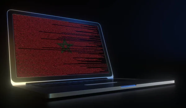 Laptop e código fonte na tela que compõe a bandeira de Marrocos. Renderização 3d relacionada com a tecnologia da informação nacional — Fotografia de Stock