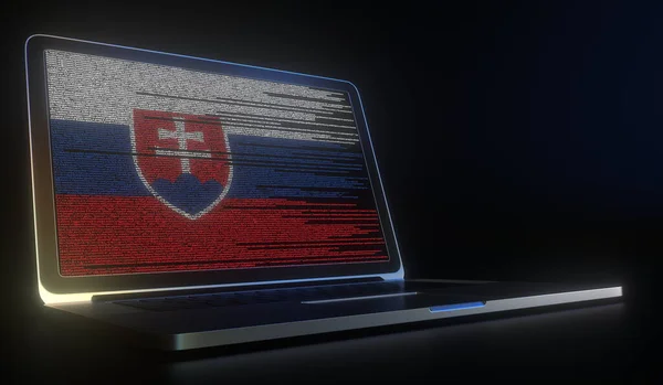 슬로바키아의 스크린 구성 깃발 위에 노트북 과 컴퓨터 코드를 열어 놓으세요. 현대 정보 기술은 3d 렌더링 과 관련 이 있다. — 스톡 사진