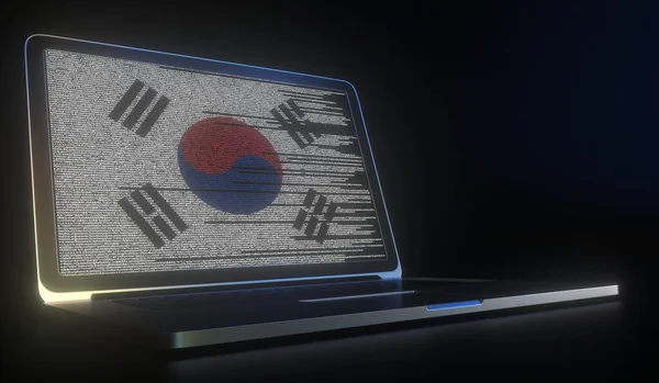 Laptop und Quellcode auf dem Bildschirm, der die Flagge Südkoreas zusammensetzt. Nationale Informationstechnologie bezogene 3D-Darstellung — Stockfoto