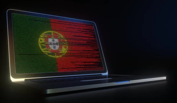 Σημαία της Πορτογαλίας με κωδικό υπολογιστή στην οθόνη του φορητού υπολογιστή. Hacking ή κυβερνοασφάλεια που σχετίζονται 3d απόδοση — Φωτογραφία Αρχείου