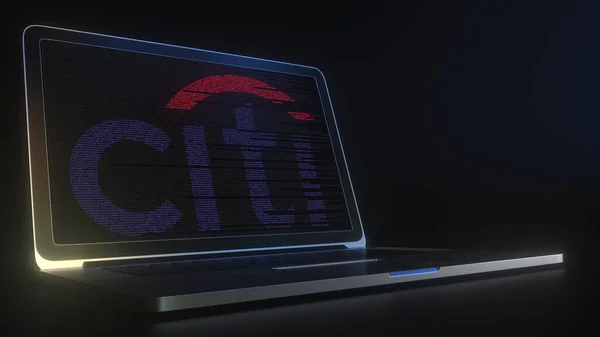 Логотип CITIGROUP сделан с компьютерным кодом на экране ноутбука. Редакционная концептуальная 3D рендеринг — стоковое фото