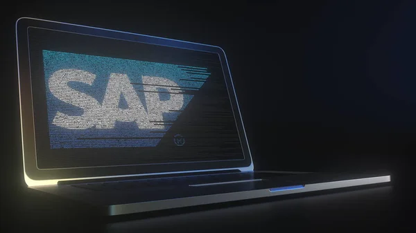 Layar komputer dengan logo SAP dibuat dengan source code. Rendering 3d konseptual penyuntingan — Stok Foto