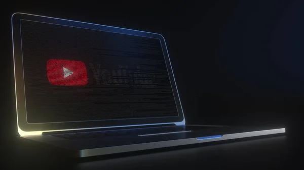 Przenośny komputer z logo YOUTUBE wykonany z napisami kodu, redakcja koncepcyjna 3d renderingu — Zdjęcie stockowe