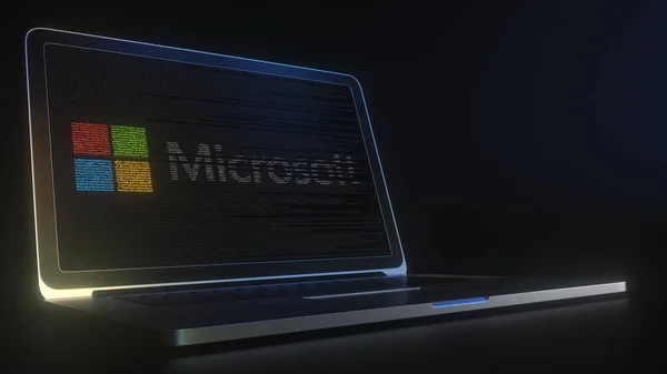 Φορητός υπολογιστής με το λογότυπο του MICROSOFT φτιαγμένος με code strings, editorial inconcept 3d — Φωτογραφία Αρχείου