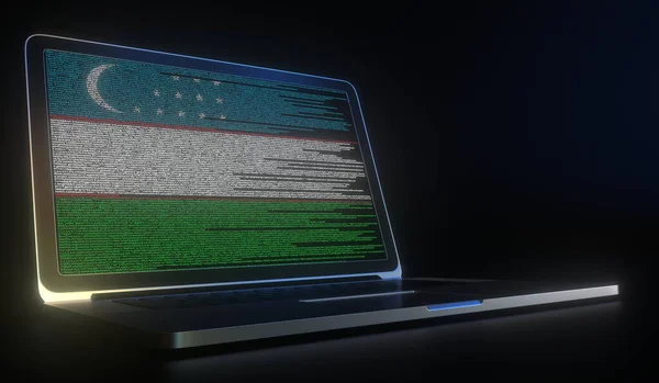 Abra o laptop e o código do computador na tela que compõe a bandeira do Uzbequistão. Moderna tecnologia da informação relacionada com a renderização 3d — Fotografia de Stock