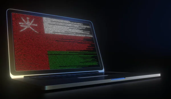 Ανοίξτε το lap-top και τον κώδικα υπολογιστών στην οθόνη που συνθέτει τη σημαία του Ομάν. Σύγχρονη τεχνολογία των πληροφοριών 3d απόδοση — Φωτογραφία Αρχείου