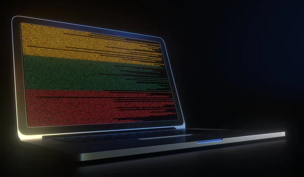 Σημαία Λιθουανίας με κωδικό υπολογιστή στην οθόνη του φορητού υπολογιστή. Hacking ή κυβερνοασφάλεια που σχετίζονται 3d απόδοση — Φωτογραφία Αρχείου