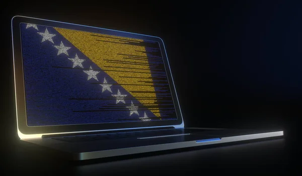 Ouvrez l'ordinateur portable et le code informatique sur l'écran composant le drapeau de Bosnie. Technologie de l'information moderne liée au rendu 3d — Photo