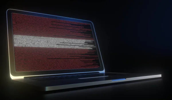 Ordenador portátil y código fuente en la pantalla que compone la bandera de Letonia. Visualización 3D relacionada con la tecnología de la información nacional —  Fotos de Stock