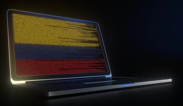 Φορητός υπολογιστής και πηγαίος κώδικας στην οθόνη που αποτελεί σημαία της Κολομβίας. Εθνική τεχνολογία των πληροφοριών 3d απόδοση — Φωτογραφία Αρχείου