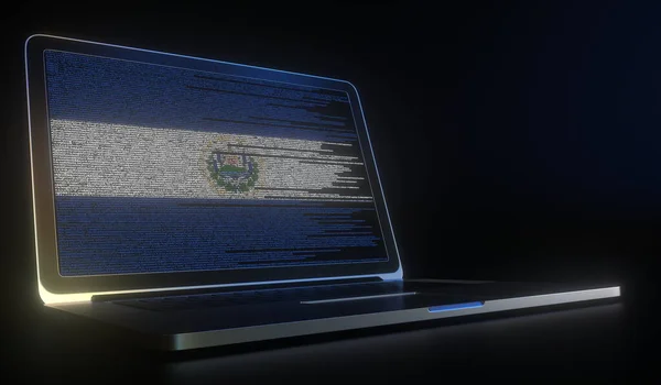 Φορητός υπολογιστής και πηγαίος κώδικας στη σημαία σύνθεσης οθόνης του Ελ Σαλβαδόρ. Εθνική τεχνολογία των πληροφοριών 3d απόδοση — Φωτογραφία Αρχείου
