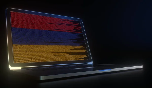Laptop ekranında bilgisayar koduyla yapılmış Ermenistan bayrağı. Hackleme ya da siber güvenlikle ilgili 3D oluşturma — Stok fotoğraf