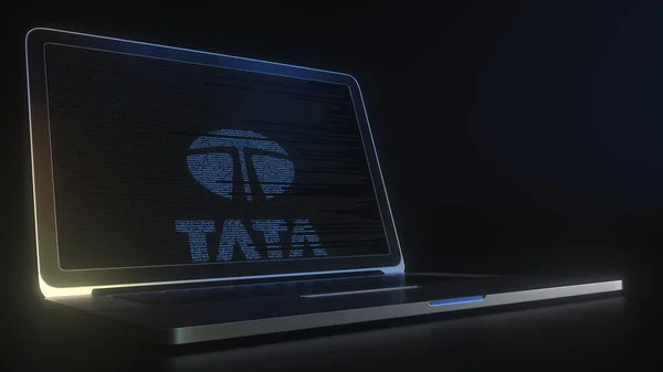 コード文字列で作られたTATAのロゴとポータブルコンピュータ,編集概念的な3Dレンダリング — ストック写真
