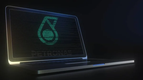 Логотип PETRONAS сделан с компьютерным кодом на экране ноутбука. Редакционная концептуальная 3D рендеринг — стоковое фото